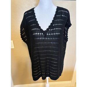 Umgee Black Open Back Short Sleeve Crotchet Tunic/Cover Up, L, Boho Beach